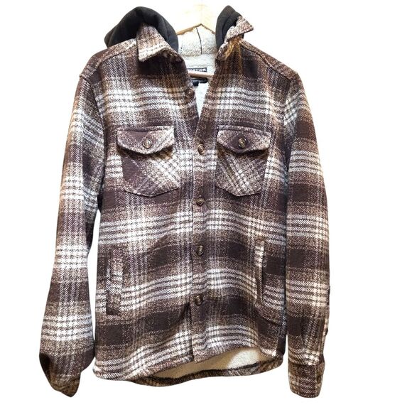 Distortion Men's Plaid Sherpa Hoodie Jacket Brown & White Size S Cozy Warm Fall - Picture 1 of 9